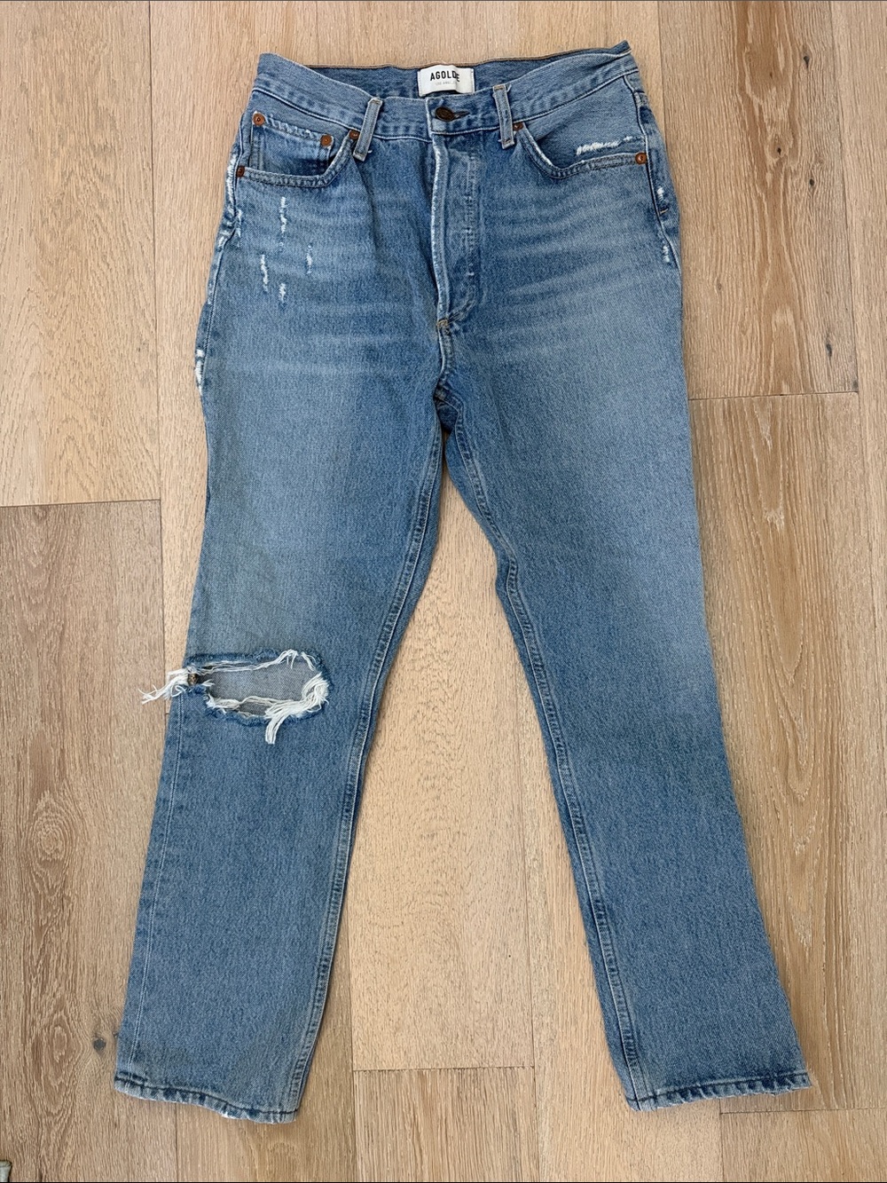 Agolde Riley Medium Blue High-Rise Distressed Straight Jeans